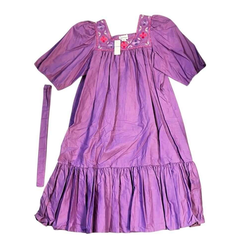Vintage Purple Embroidered Boho Peasant Dress Petite Medium Deadstock Cotton